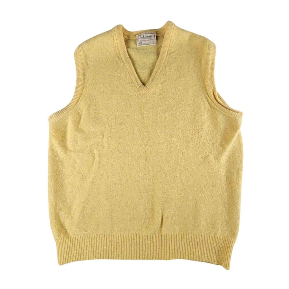 Vintage L.L. Bean Sweater Vest L Yellow 100% Lambs Wool V Neck Knit Pullover USA